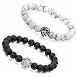 Aroncent 2PCS 8mm Löwenkopf Metalllegierung EnergieStein Energiearmband armreif Link Handgelenk Schwarz Weiss Howlite Türkis Buddha Gebet Mala Kugel Perle Perlen Elastisch