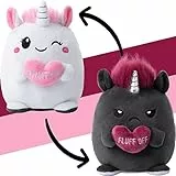 corimori Stimmungskuscheltier, 16cm Plüschtier zum Wenden, Einhorn „Lily & Ruby“ weiß, rosa, anthrazit | fröhlich vs. genervt