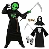 Bseical Sensenmann Kostüm Kinder, Zombie Kostüm Deluxe Glow in The Dark, Grusel Kostüm Kinder mit Sense, Halloween Kostüm Kinder Sensenmann für Rollenspiele, Karneval, Horror Party (7-9Jahre M)