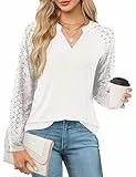 Beluring Damen Tshirt Langarm Oberteile V-Ausschnitt Streetwear Tunika Blusen Weiß XXL