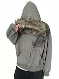 ORANDESIGNE Y2K Hoodie Herren Zip Up Kapuzenpullover Jacke mit Fellkapuze Warmer Pelz Wintermantel Streetwear A Grau M