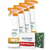 HEITMANN pure Kraftreiniger Essig + Orange | Reiniger-Spray gegen Schmutz, Seifenreste & Kalk in Küche & Bad | Ideal für Armaturen & Oberflächen | 4 x 500 ml + GRATIS Duftbaum
