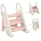Onasti Tritthocker für Kinder, 2 Stufen - 3 Stufen Höhenverstellbar Kinderschemel, Trittschemel für Baby, Lernturm mit Handhaben, Faltbar, Multifunktional, für Bad, Kleinkinderzimmer, Küche (Rosa)