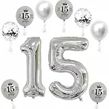 XL Folienballon 15 Geburtstag, Folienballon Zahl 15, Zahl 15 Silber, Luftballons Zahl 15, Nummer 15 Luftballon Silber, 32' Geburtstagsdeko Ballon 15