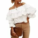 Damen Schulterfrei Oberteile 3/4 Geschichtete Rüschenärmel Rückenfrei T-Shirts Elegant Bluse Tops(m-Weiß)