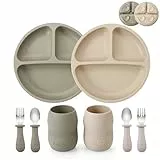 PandaEar Silikon Baby Fütterungsset | 2er Pack Silikon Geteilte Saugplatte und 2er Pack Kleine Tasse mit 2 Löffeln 2 Gabeln | Baby Led Weaning Zubehör Selbstfütterungsutensilien (Besteckset)
