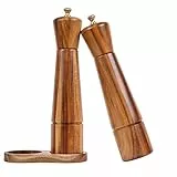 DeroTeno Salz- und Pfeffermühlenset mit Mühlenuntersetzer, Verstellbare Keramikmahlwerk Salzmühle, Edelstahlmahlwerk Pfeffermühle, Akazienholz, 27 cm Höhe, Boden DIA 6 cm