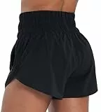 Sunzel Sportliche Laufshorts mit hoher Taille für Damen, schnell trocknendes Netzfutter, Fitness-Shorts mit Reißverschlusstaschen, Schwarz, Klein