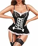 RSLOVE Sexy Dessous Sets für Damen - Spitze Reizwäsche 2-Teiliges Corsage Set mit Bügel-BH und Strapsen Schwarz M