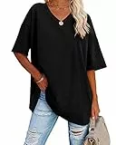 Ebifin Damen Oversize T Shirt mit V-Ausschnitt Kurzärmeliges Casual Lockere Basic Sommer Tee Shirts Bluse.Schwarz.L