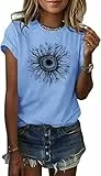 Cicy Bell Damen Sonnenblumen T Shirt Sommer Kurzarm Niedlich Grafik Lose T-Shirts Für Damen Tops Blau L