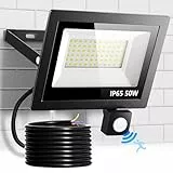 LED Strahler mit Bewegungsmelder Außen, 50W 5000LM 72 LED Beads Fluter, 6500K Kaltweiß Superhell Scheinwerfer Flutlicht, IP65 Aussenstrahler Wasserdicht Wandleuchte für Garten, Garage, Haus, Hof