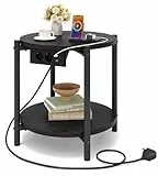 IRONCK Beistelltisch rund, Couchtisch mit Steckdose, Kleiner Tisch Holz, Wohnzimmertisch 2 Ablagen,Sofatisch,USB & Type-C-Anschluss, Metallrahmen, Nachttisch für Schlafzimmer (Schwarz, 1 Stück)