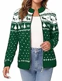 Sykooria Damen Strickjacke Weihnachten Jacke Langarm Cardigan Wärme Outwear Sweater mit Stehkragen und Reißverschluss, Grün XL