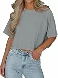 Imily Bela T-Shirt Damen Sommer Kurzarm Basic Crop Tops Casual Oversize Sport Oberteile(Grau,S)