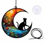 EANAGO Sonnenfänger Fensterdeko hängend – Suncatcher Fensterbild Katze im Sichelmond, Buntglas-Optik, Robustes Acrylglas, mit Saugnapf & Kordel, mit Herz-Ausschnitt, Ø ca. 12 cm