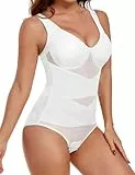 UMIPUBO Shapewear Damen Body Shaper Bauchweg Bodysuit Formender Nahtlose Formend Elastizität Shaping Body Mesh Atmungsaktiv Miederbody Figurformende Taillenmieder Mit V-Ausschnitt BH (Weiß, M)