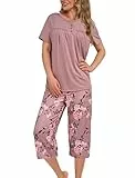 Evolyline Schlafanzug Damen Kurz, Shorty Pyjama Set Sommer, Schlafanzüge für Damen Kurzarm Top und 3/4 Lang Hose, Rundhals Ausschnitt Loungewear Nachtwäsche mit Taschen S-XL