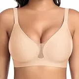 BH Damen Ohne Bügel Nahtloser Glatter Weicher BH Modische Spitze Mesh Tiefes V-Ausschnitt Bequemer BHS Gepolsterter BHS Bustier Bügellos Soft Bra Seamless Bralette T-Shirt (Beige, 2XL)