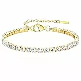 Flongo Damen Tennisarmband Zirkonia Armband: Gold CZ Edelstahl Armkette Verstellbar Glitzer Iced Out Tennis Armband Armreif Geschenk für Hochzeit Frauen