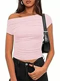OYIGELZ Schulterfreies Oberteile Damen Tshirt Basic Kurzarm Y2K Slim Fit Klassischer Schnitt Crop Tops Einfarbig Shirt Sommer Casual Tee Shirts(Hellrosa-L1,S)