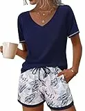Litherday Schlafanzug Damen Kurz Baumwolle Pyjama Kurzarm Sommer Shorty Nachtwäsche Set Schlafhose Gedruckt Sleepwear V Kariert Aussschnitt Loungewear,Marineblaue Pflanze,M