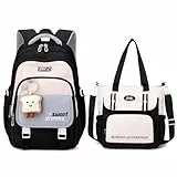 Amythe Schulrucksack Mädchen Set, Schulranzen für Mädchen der 3. bis 7. Klasse, 36L Schultasche Mädchen mit Umhängetasche, Lässiger Rucksack Teenager Daypack mit Anhängern, Schwarz