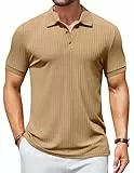 COOFANDY Strick Poloshirt Herren Kurzarm Polo Shirts mit Knöpfe Geripptes Sommer Polohemd T-Shirt Stretch Golf Shirt Khaki L