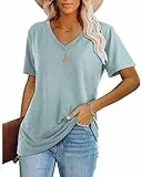 WIHOLL Tshirt Damen Kurzarm T Shirt V Ausschnitt Top Oversize Oberteile Elegant 2025 Blau S