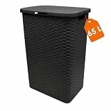 Kunststoff Wäschekorb anthrazit mit Deckel in Rattan Optik - 65 Liter - Wäschesammler in Flechtoptik mit seitlichen Griffen - Wäschesammelbox platzsparend feuchtraumbeständig