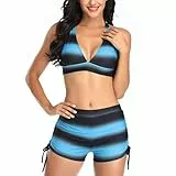 GOTOTOP Damen-Badeanzüge mit Hoher Taille und Shorts, Gestreifter Badeanzug, Neckholder-Bikini, Zweiteilige Badeanzüge(XXL-Blau)