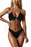 RXRXCOCO Sexy Brazilian Bikini Damen Set Triangel String Oberteil Bikini Set Tanga Bademode Schwarz Size S