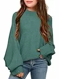 Haloumoning Mädchen Pullover Rundhalsausschnitt Leichter Strickpullover Kinder Einfarbig Langarm Knitted Sweater Winter Shirt Pulli Oberteile Grün 13-14 Jahre
