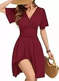 WNEEDU Sommerkleider Damen Elegant Kleid Rüschenärmel V-Ausschnitt Empire Taille Leichte Sommerkleider Luftige Strandkleider Damen mit Taschen
