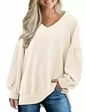 Florboom Übergroßes Sweatshirt für Damen, Herbst, V-Ausschnitt, Langarm-Shirts, Tops, lässiger Pullover, Sweatshirts, Beige, S