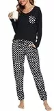 Lovasy Schlafanzug Damen Lang Winter Langarm Schlafanzüge für Damen Zweiteiliger Pyjama Set Loungewear mit Taschen und Bündchen,Schwarz,L