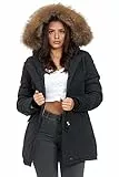 Elara Damen Winterparka Echt Fell Jacke Mantel Schwarz Chunkyrayan XH-227-1 Black 42/XL