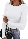 WIHOLL Damen Langarmshirt Leichte Fleece Thermounterwäsche Rundhals Basic T Shirt Herbst Oberteile Damen Slim Fit Thermo Unterhemd Weiß S