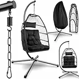 tectake® Hängesessel mit Gestell, Dicke Kissen, Möbel, Deko für Wohnzimmer, Jugendzimmer, Balkon, Outdoor oder Indoor Schaukel Sessel, Kinder & Erwachsene, belastbar bis 160kg - schwarz