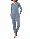 Bresdk Schlafanzug Damen Lang Zweiteiliger Pyjama Set Winter Loungewear V-Ausschnitt Hausanzug für Frauen Blau M