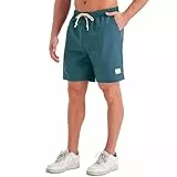 JustSun Kurze Hosen Herren Leinenhose Shorts Leinen Sommer Bermudashorts Leinenshorts Baumwolle Sommerhose Freizeithose Leicht mit Tunnelzug Pfauenblau 2XL