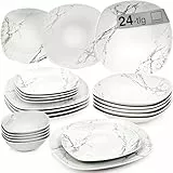 SÄNGER | Tafelservice Bilgola Marmor, 24-teiliges Geschirrset für 6 Personen mit Suppen-, Dessert-, Speisetellern & Müslischalen aus Porzellan, Teller Set, Essgeschirr, Eckig | PREMIUM COLLECTION