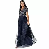 Maya Deluxe Damen Ballkleid Abendkleid V-ausschnitt Maxi Länge Pailletten Kurze Ärmel Für Hochzeit Geburtstag Brautjungfer Bridesmaid Dress, Navy, 44 EU