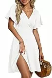 AUSELILY Damen Kleid Sommer Strandkleid Rüschenärmeln V-Ausschnitt Elastischer Taille und Taschen Swing Urlaubskleid Weiß S