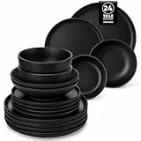 Geschirrset 6 Personen, vancasso PLAYA Steingut Geschirr set 24tlg für 6 Personen, Schwarz Tafelservice mit Teller set, Suppenteller set, Schalen & Salattellern, Spülmaschinenfest, Mikrowellengeeignet