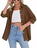 Aottori Musselin Bluse Damen Oversize Hemdbluse Oberteile Langarm Hemd Longbluse Langarmshirt Elegant V-Ausschnitt Baumwolle Lockere Blusenshirt Blusen Tunika mit Tasche #Braun XXL