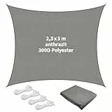 TTL Garden 2,5x3m Anthrazit Sonnensegel rechteckig - Premium Polyester 300D 160g/m² mit Seil 4X 1,5m - wasserdicht reißfest & robust - Sonnenschutz & Wetterschutz für Garten, Balkon & Terrasse