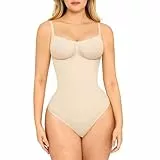 FeelinGirl Shapewear Damen Body Bauchweg Nahtlos Bodysuit V-Ausschnitt Formende Sringbody Überbrust Seamless Bodyshape mit Verstellbarer Riemen Hautfarben M/L