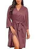 Lovasy Leichter Bademantel Waffelpique Damen 3/4 Ärmel Saunamantel Waffelstrick Morgenmantel Weich Knielang Loungewear mit Gürtel Taschen,Soja-Rosa,XXL