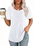 WIHOLL Tshirt Damen Kurzarm Plissee Rundhals Sommer Tops Elegant Bluse Weiß XL